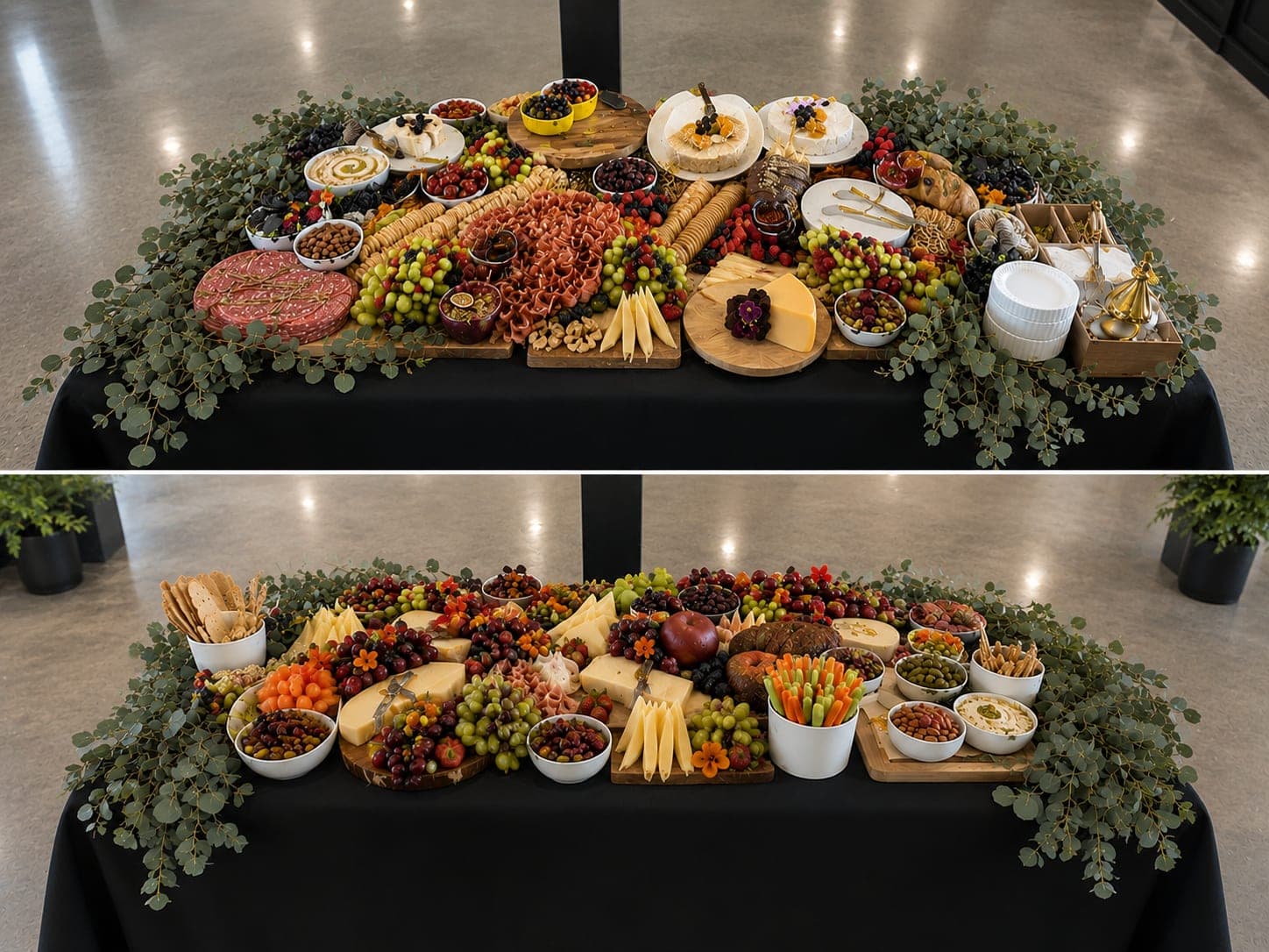 Two grazing tables laid with cheeses, cured meats, fruit, crackers and dips, dressed with eucalyptus