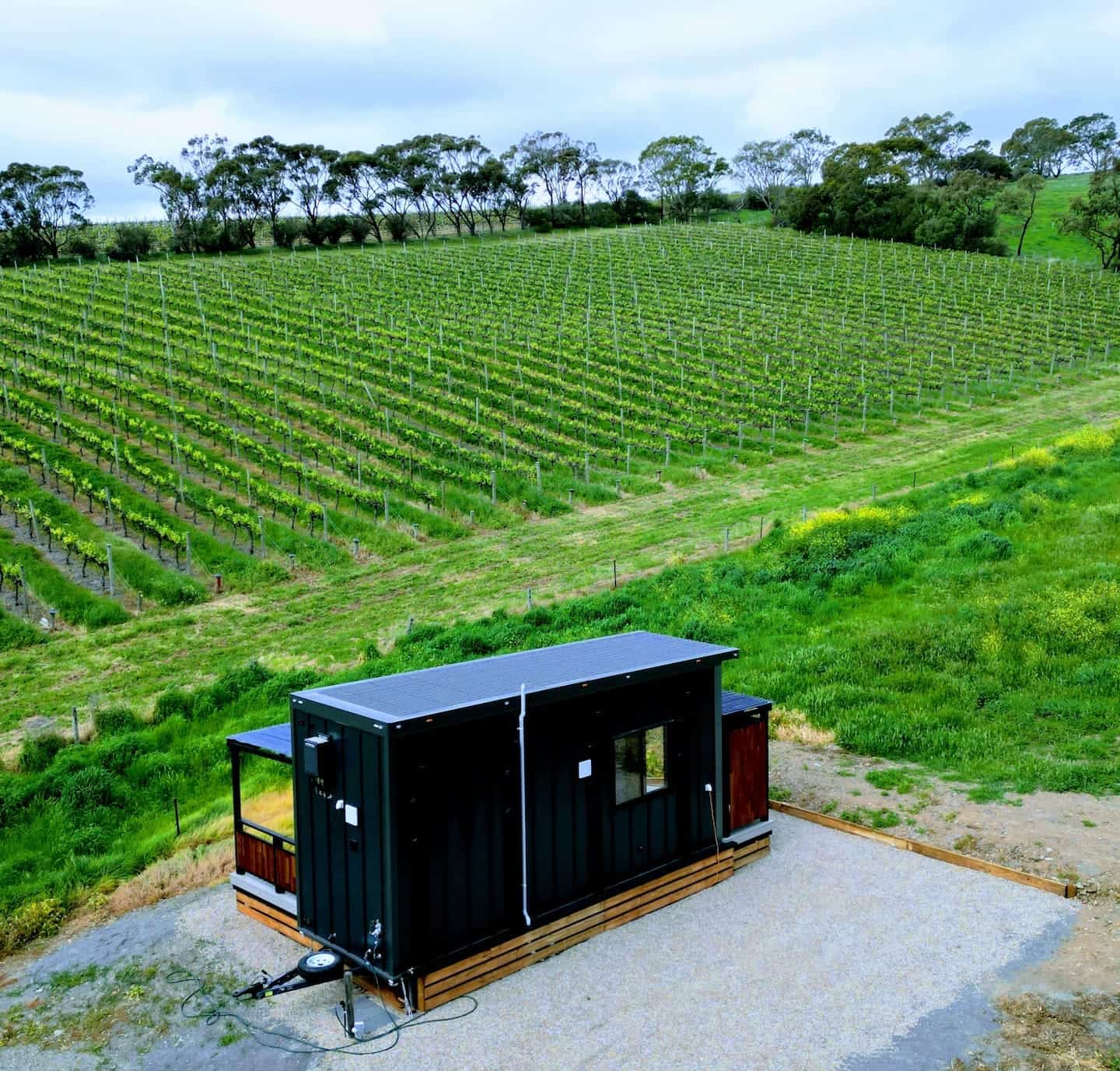 The tiny house at the foot of the Alagna vineyard, rows of vines rising behind it